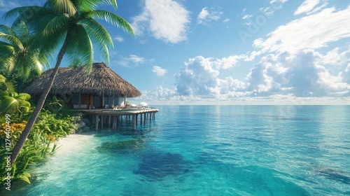 Tropical Paradise Island Getaway Resort on Azure Ocean Waters Under Blue Cloudy Sky Daytime