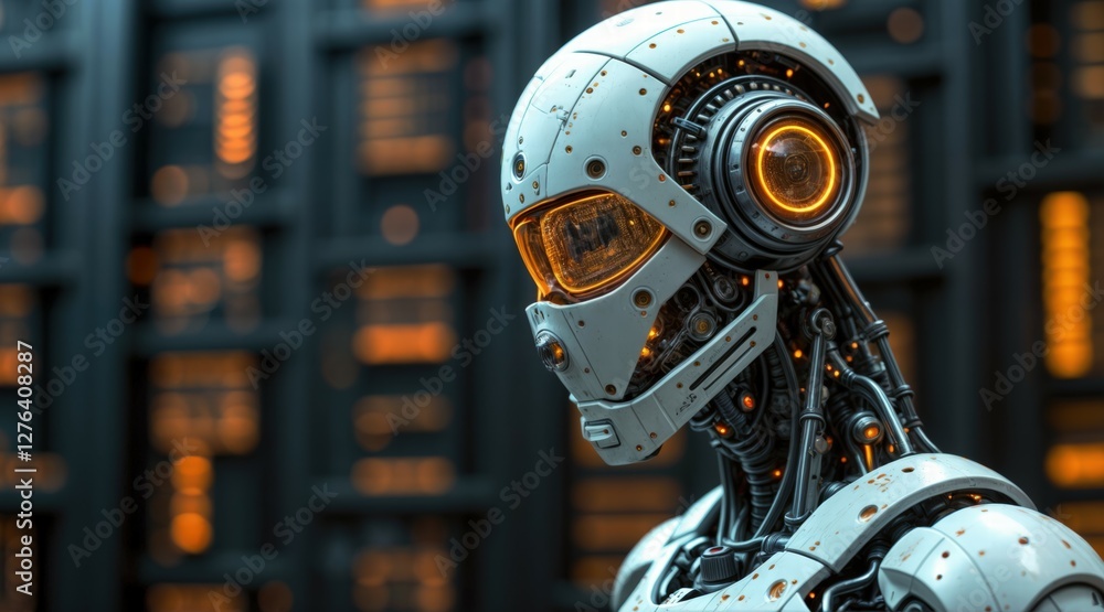 Fototapeta premium Advanced Cybernetic Robot with Glowing Orange Circuits, High-Tech Design, White and Metallic Grey Mechanical Details, Sci-Fi and Cyberpunk Style, Dark Futuristic Background