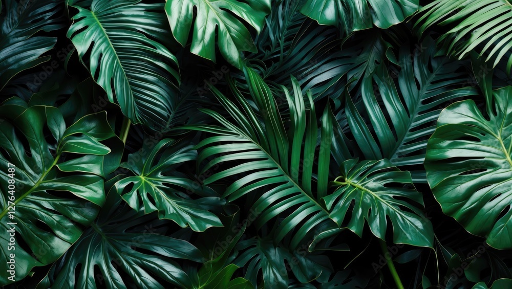 Fototapeta premium Tropical green foliage background with various large leaves arranged closely together in a lush and vibrant natural setting.