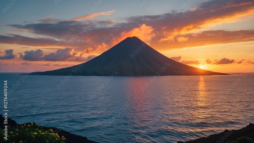Active volcano at sunset with a dramatic sky and ocean foreground in a serene coastal landscape. Active volcano at sunset with a dramatic sky and ocean foreground in a serene coastal landscape.