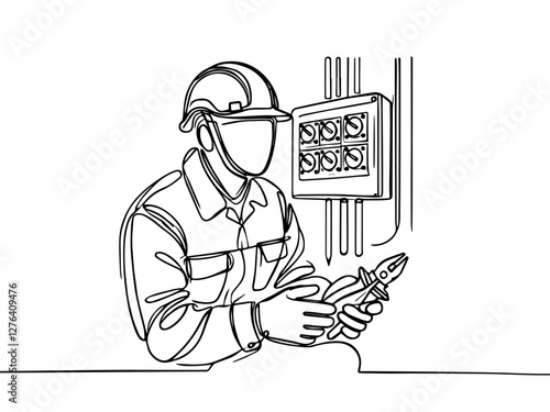 One continuous line drawing of Electrician profession with white background. Electrician profession design concept in simple linear style. Electrician profession design concept vector illustration.