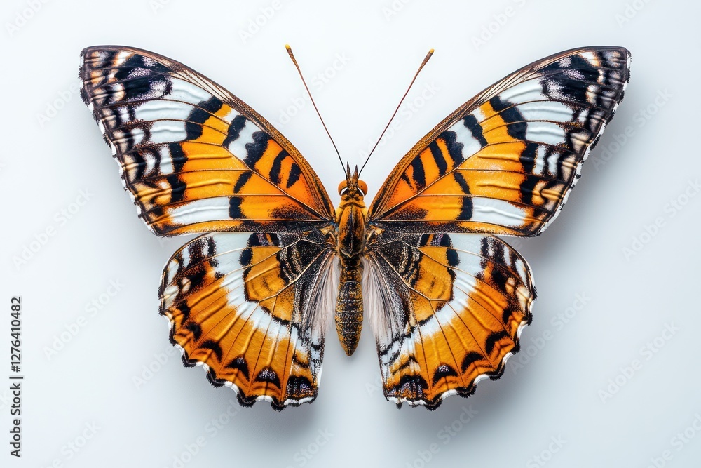 Studio shot, orange butterfly, white background, wings spread, nature design. Studio shot, orange butterfly, white background, wings spread, nature design.