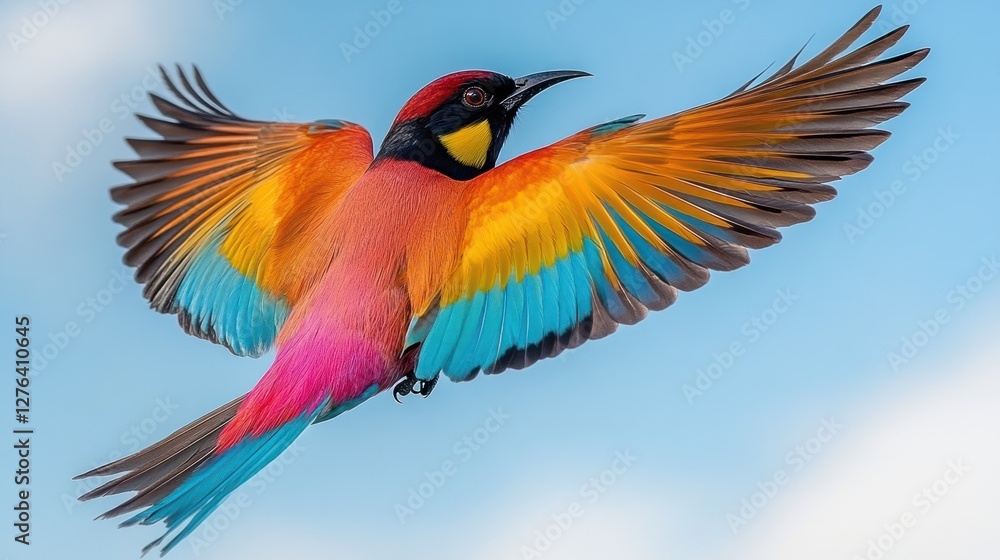 Fototapeta premium Rainbow bird soaring, clear sky, Africa, wildlife photography