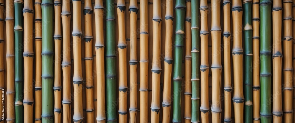 Fototapeta premium Bamboo stalks arranged vertically creating a textured background with various shades of green and yellow brown
