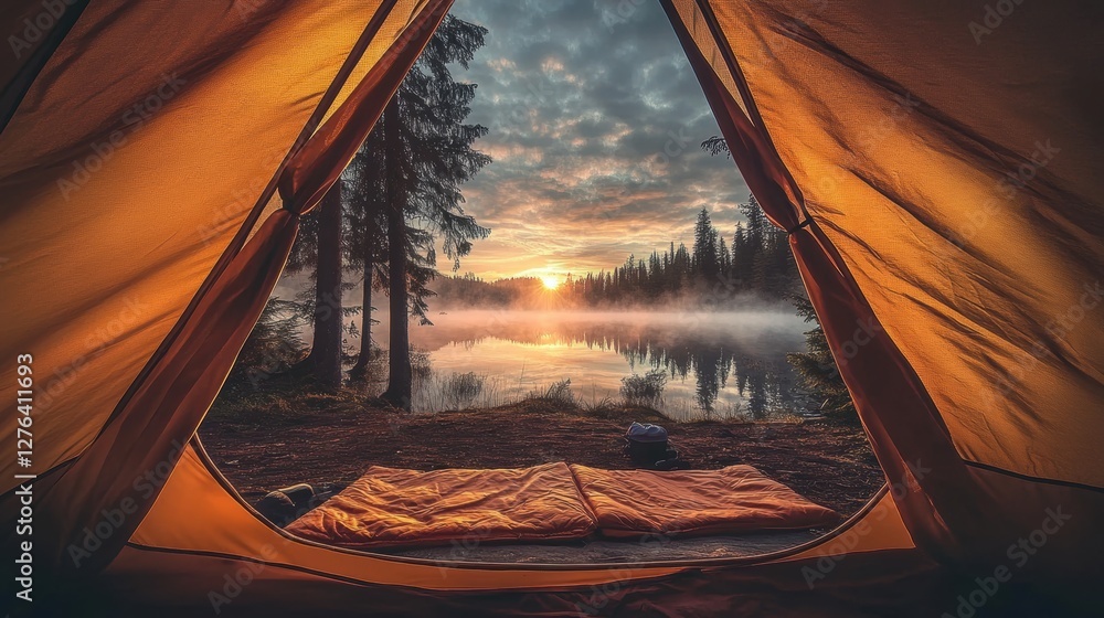 Looking out from tent with beautiful nature landscape in campsite.