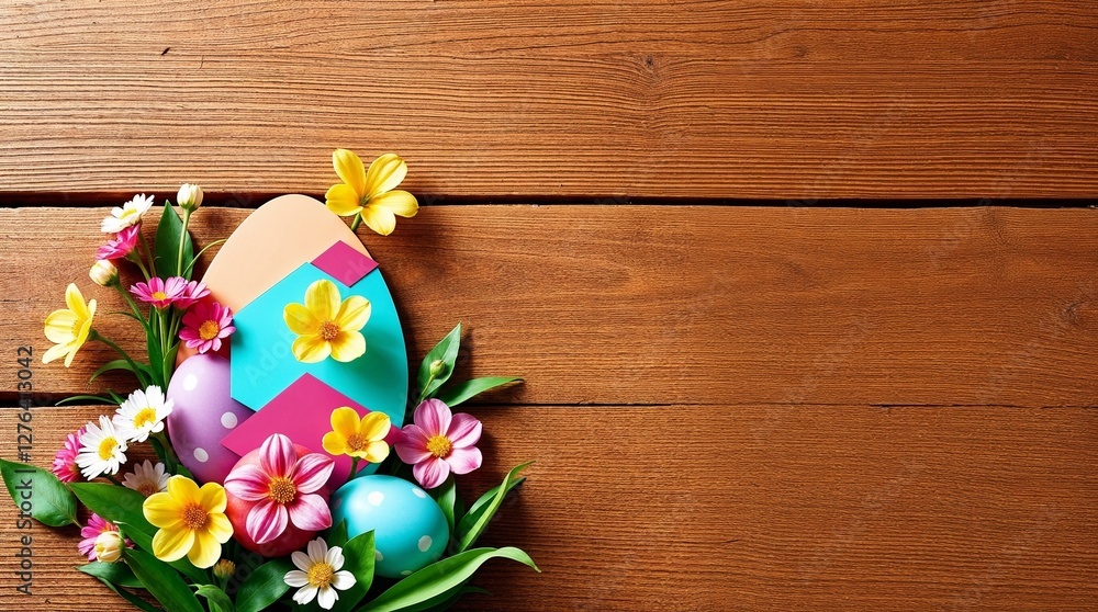 Bouquet of bright spring flowers with painted Easter eggs on rustic table, space for text. Bouquet of bright spring flowers with painted Easter eggs on rustic table, space for text.