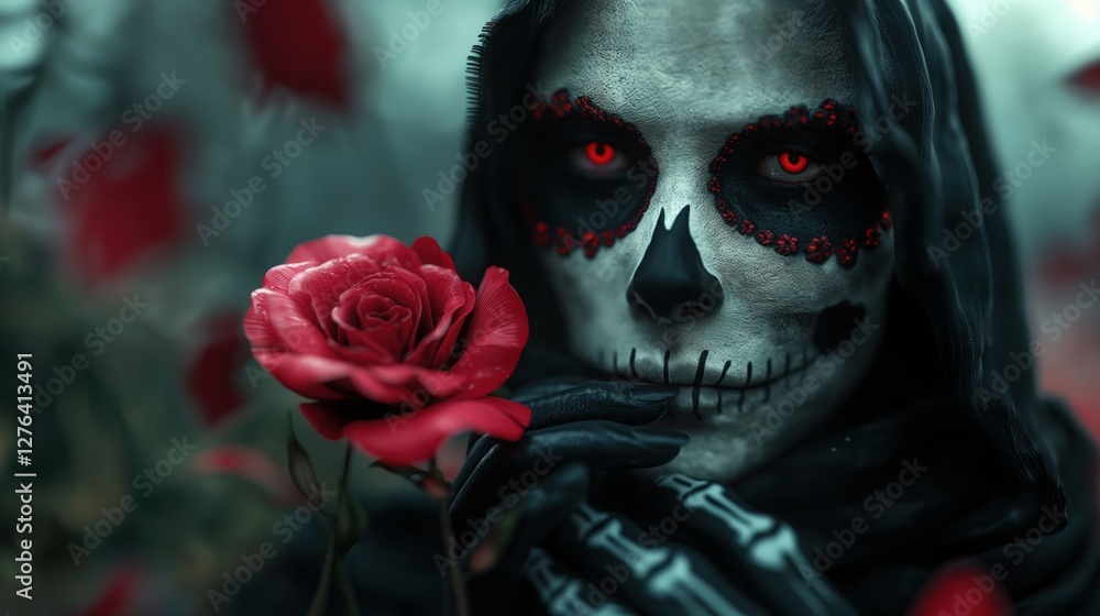 Mysterious figure with skeletal face paint and red eyes holding a rose in a dark, eerie Halloween Mysterious figure with skeletal face paint and red eyes holding a rose in a dark, eerie Halloween