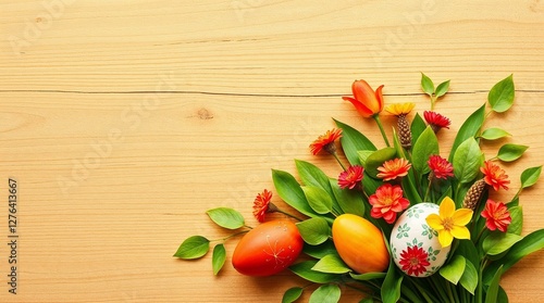 Colorful easter eggs with flowers and green leaves on rustic table, top view