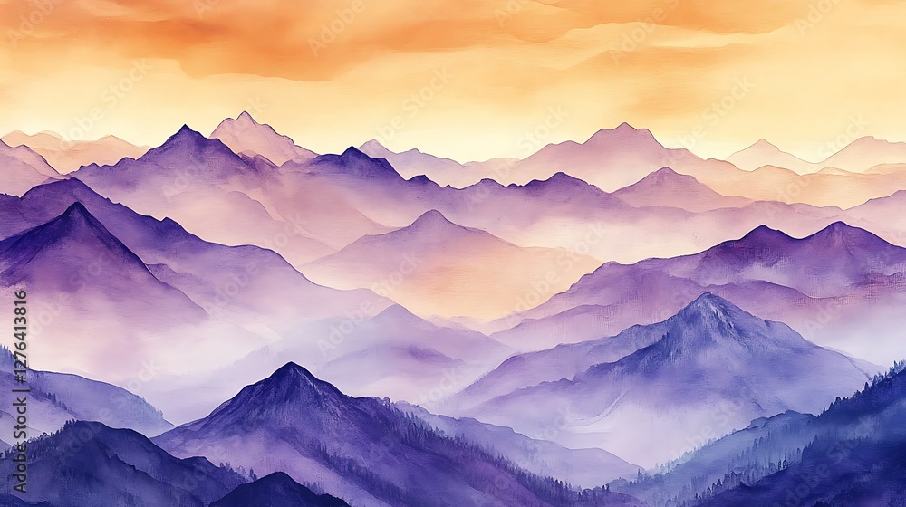 Obraz premium Misty mountain range at sunset; scenic view; artistic impression; wallpaper; background