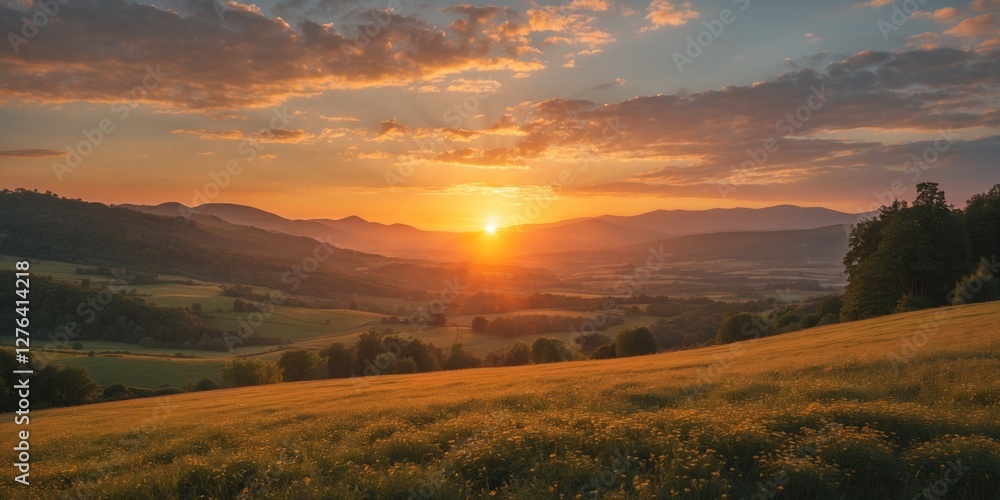 Sunset over rolling hills with golden fields and distant mountains under a colorful sky in natural landscape setting Sunset over rolling hills with golden fields and distant mountains under a colorful sky in natural landscape setting