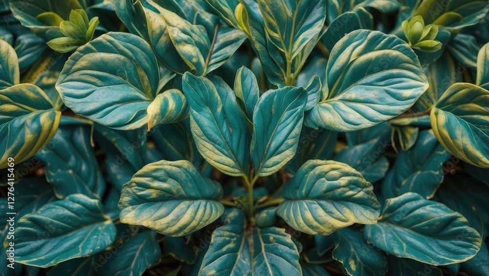 Naklejka premium Green foliage of large textured leaves with prominent veins and varying shades, top view of a lush plant background.