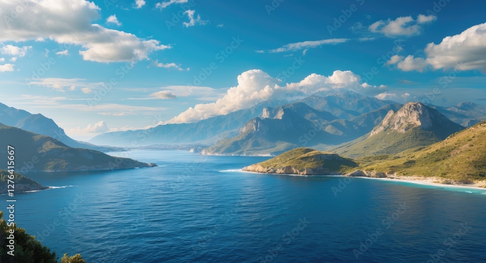 Coastal landscape with mountains under a blue sky and fluffy clouds over a calm sea in a serene natural environment. Coastal landscape with mountains under a blue sky and fluffy clouds over a calm sea in a serene natural environment.
