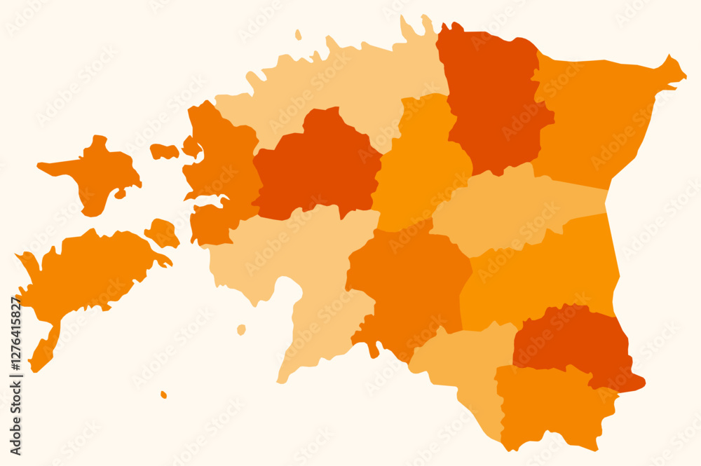 Map of Estonia with regions. Just a simple country border map with region division. Orange color palette. Flat Republic of Estonia shape with administrative division. Vector illustration. Map of Estonia with regions. Just a simple country border map with region division. Orange color palette. Flat Republic of Estonia shape with administrative division. Vector illustration.