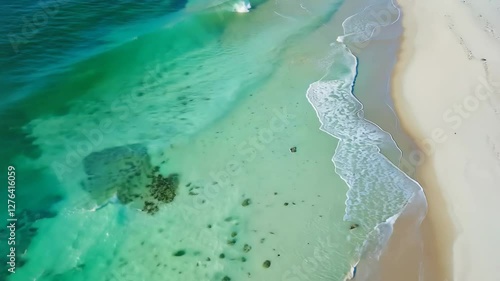 Stunning Aerial View Turquoise Ocean Waves Crashing on Sandy Beach