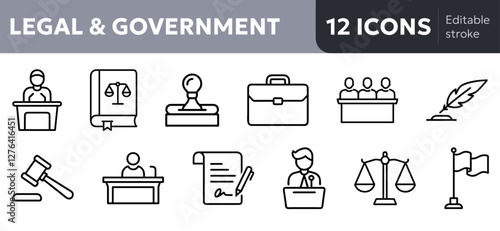 legal government icons including gavel, scales of justice, law book, judge’s bench, courtroom seal, legal contract, jury box, court reporter, witness stand