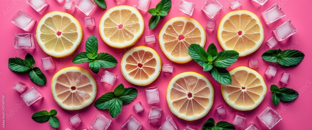 custom made wallpaper toronto digitalSliced lemons with mint leaves and ice cubes arranged on a pink background for a fresh and vibrant concept.