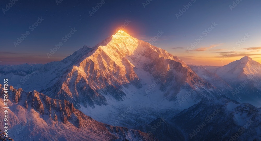 Snow-capped mountain peak illuminated by sunrise with a clear blue sky and rugged terrain in the foreground and background Snow-capped mountain peak illuminated by sunrise with a clear blue sky and rugged terrain in the foreground and background