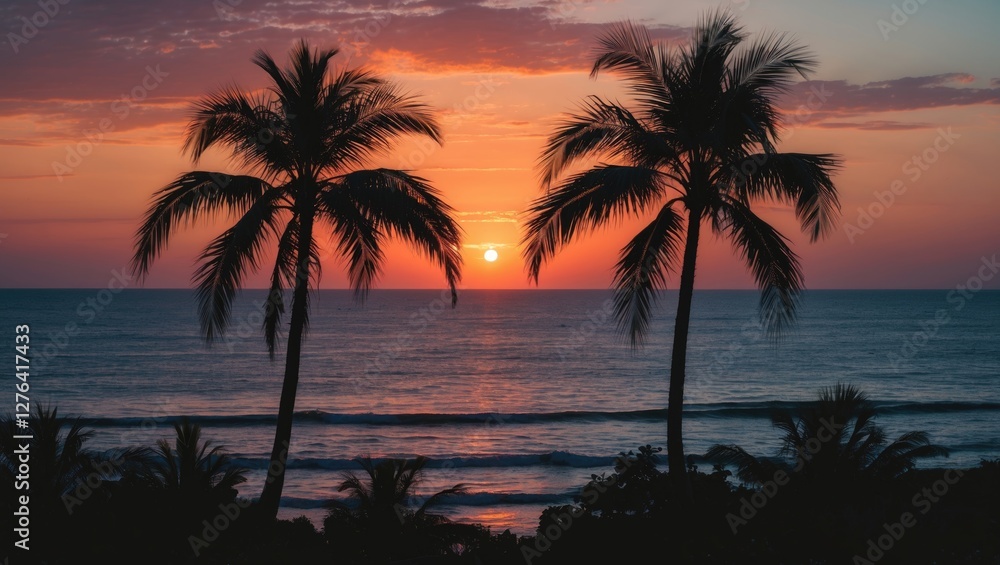 Sunset over calm ocean with silhouetted palm trees in foreground against vibrant sky colors Sunset over calm ocean with silhouetted palm trees in foreground against vibrant sky colors