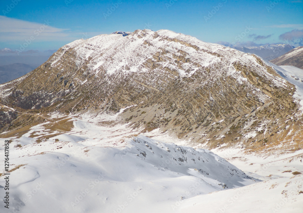 Duchessa lake and Sirente Velino park (Italy) - In the natural park of Sirente Velino, the landscape with snow of Duchessa lake, Lazio and Abruzzo regions.