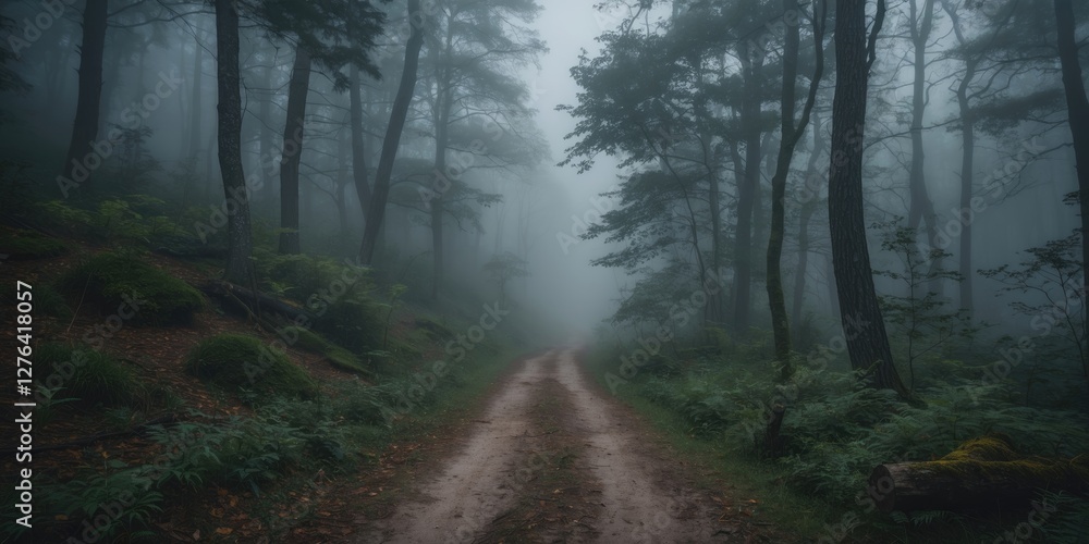 Naklejka premium Foggy forest path in dense woods with trees and ferns on either side during twilight hours