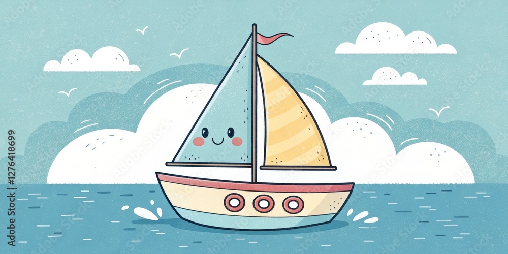 Naklejka premium Cute Cartoon Sailboat Illustration Flat Design, Nautical Concept, Happy Face, Ocean Background. Keywords Sailboat