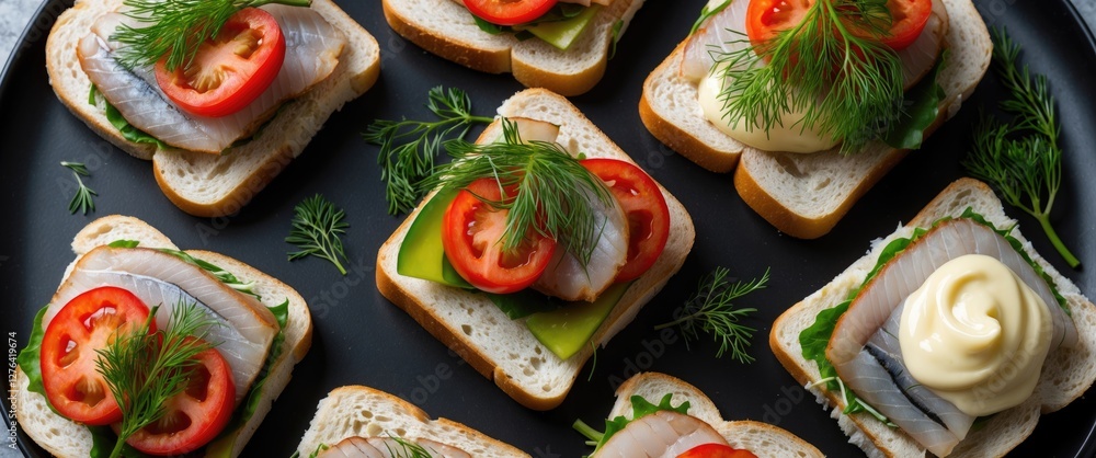 Fresh open-faced sandwiches with herring, tomatoes, herbs, and mayonnaise arranged on a dark plate with garnishing. Fresh open-faced sandwiches with herring, tomatoes, herbs, and mayonnaise arranged on a dark plate with garnishing.