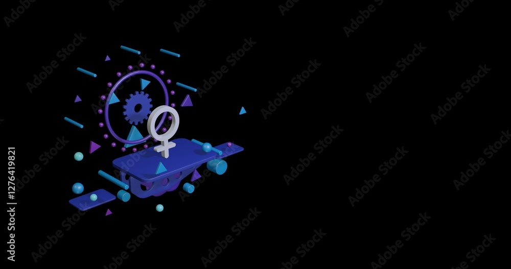 Obraz premium White venus symbol on a pedestal of abstract geometric shapes floating in the air. Abstract concept art with flying shapes on the left. 3d illustration on black background