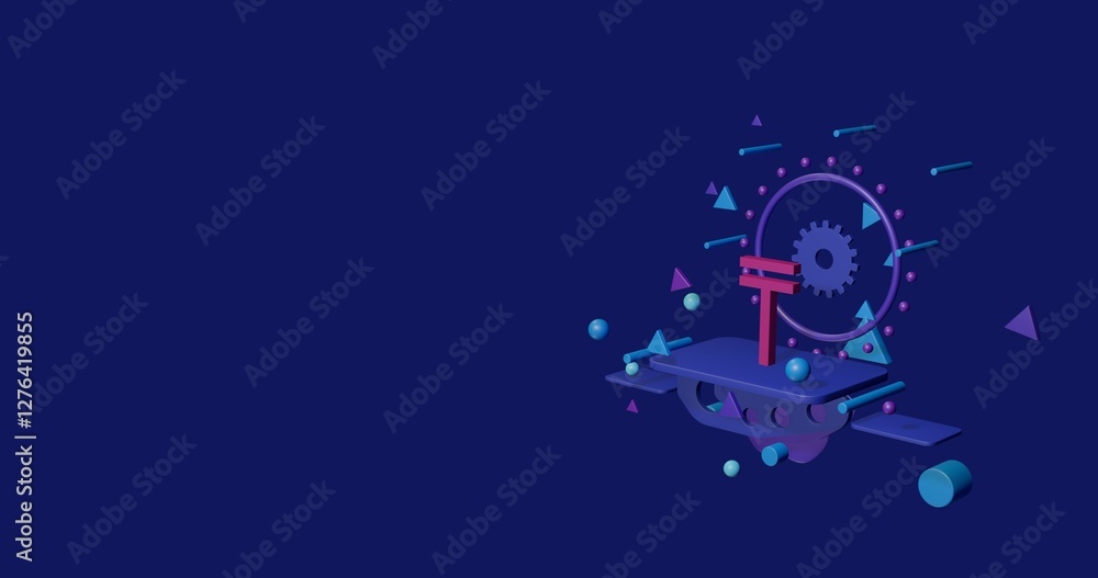 Pink tenge symbol on a pedestal of abstract geometric shapes floating in the air. Abstract concept art with flying shapes on the right. 3d illustration on indigo background Pink tenge symbol on a pedestal of abstract geometric shapes floating in the air. Abstract concept art with flying shapes on the right. 3d illustration on indigo background
