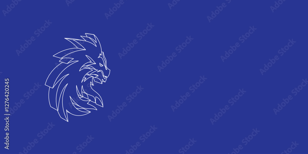 The outline of a large dragon's head symbol made of white lines on the left. 3D view of the object in perspective. Vector illustration on indigo background The outline of a large dragon's head symbol made of white lines on the left. 3D view of the object in perspective. Vector illustration on indigo background