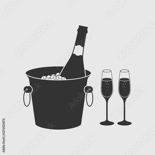 Champagne in a bucket with ice and two glasses graphic icon. Champagne sign isolated on white background. Vector illustration