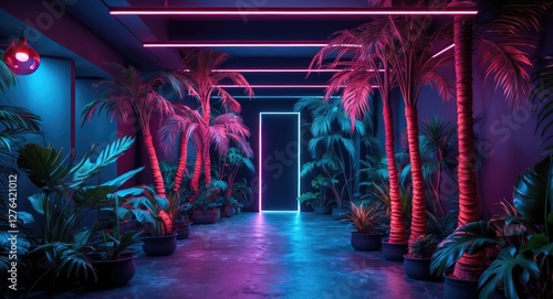 Fototapeta Naklejka Na Ścianę i Meble -  Futuristic hallway with neon lights and tropical plants creating vibrant atmosphere in modern interior space