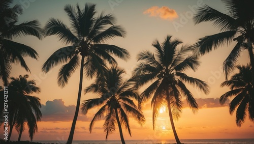 Tropical sunset with silhouetted palm trees against a colorful sky and ocean horizon in warm tones of orange and yellow.