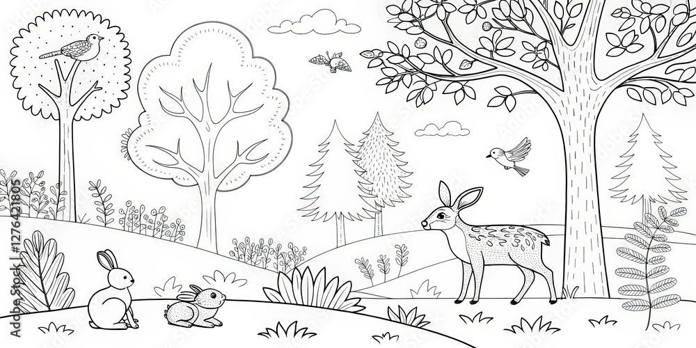 Fototapeta premium Forest Animals Coloring Page Line Art, Black and White, Cute Bunnies and Deer, Spring, Nature, Birds Keywords Coloring Book, Illustration