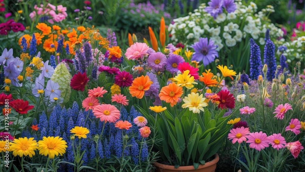 Fototapeta premium Colorful flower garden with various blooms including daisies, tulips, and violets arranged in a vibrant and lush landscape setting.