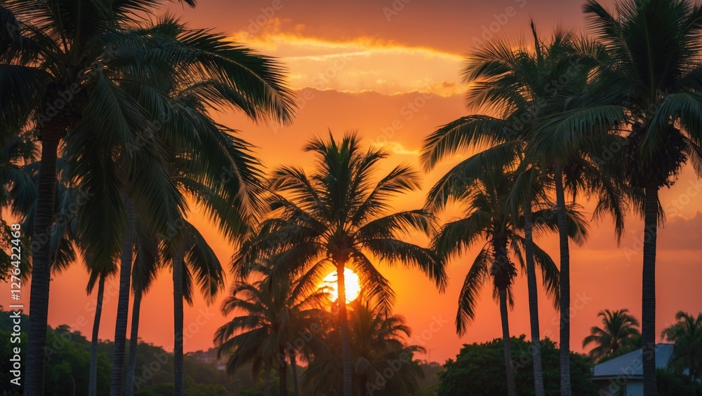 Obraz premium Tropical sunset with palm trees silhouetted against a vibrant orange and yellow sky in a coastal landscape setting