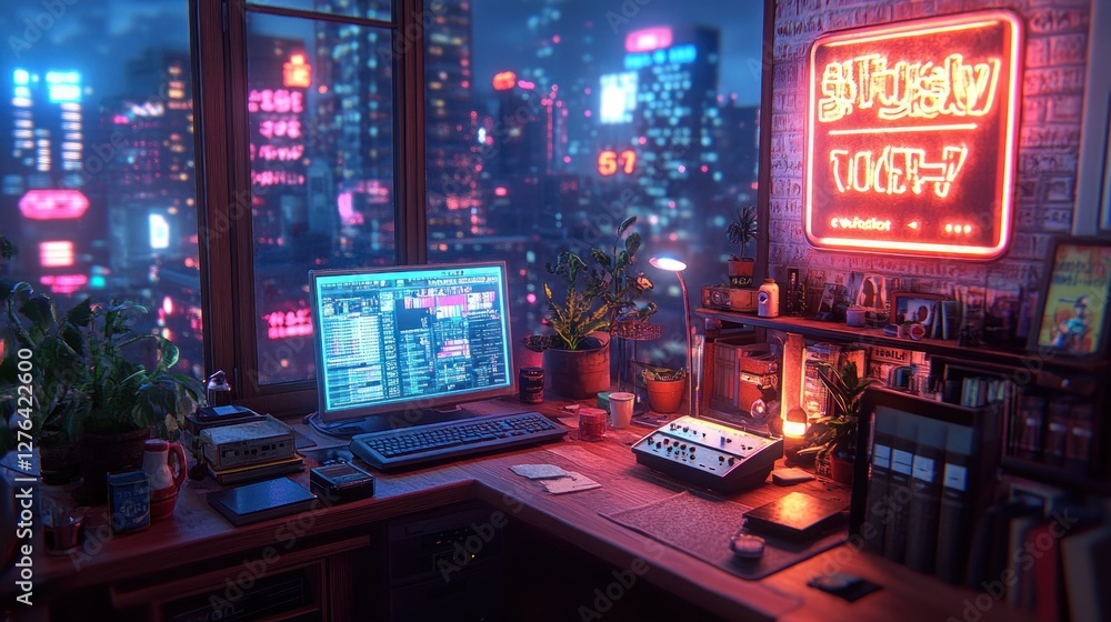 Cozy urban cyberpunk workspace overlooking neon cityscape at night Cozy urban cyberpunk workspace overlooking neon cityscape at night