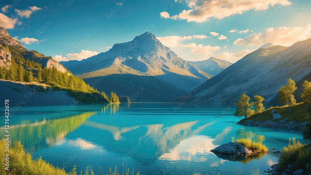 Obraz premium Mountain landscape with turquoise lake, reflections of trees and clouds, rocky shoreline under clear blue sky, natural scenery in daylight.