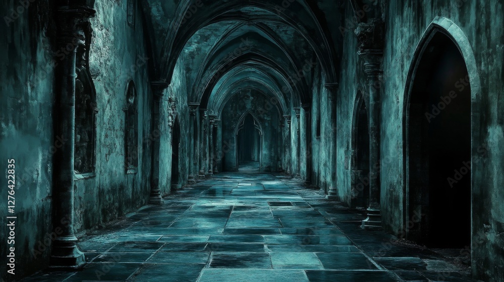 Fototapeta premium Dark Gothic Hallway Ancient Stone Architecture