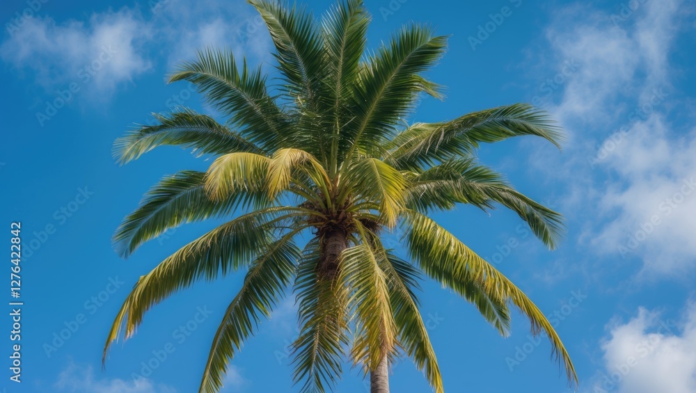 Tall palm tree with green fronds against a bright blue sky and scattered clouds in a tropical setting. Tall palm tree with green fronds against a bright blue sky and scattered clouds in a tropical setting.