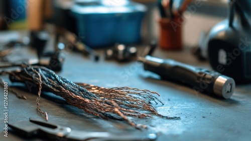 Damaged cables with exposed copper on a clean desk. Featuring frayed edges and broken insulation