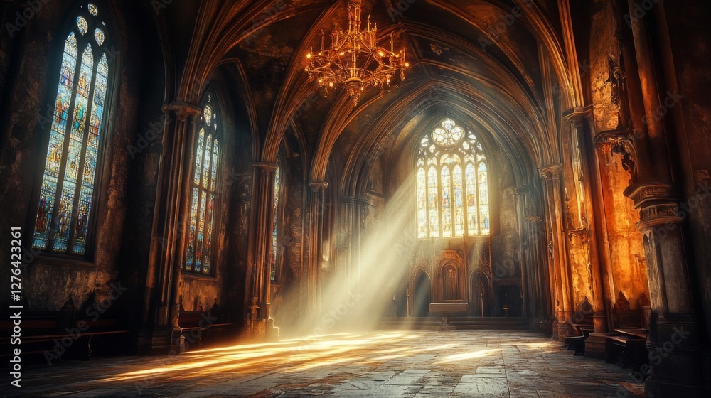 Fototapeta premium Sunbeams Illuminate Ancient Churches Gothic Interior