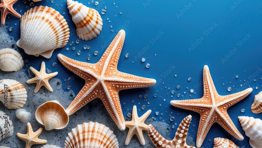 Seashells and starfish arranged on sand with water droplets against a blue background Seashells and starfish arranged on sand with water droplets against a blue background