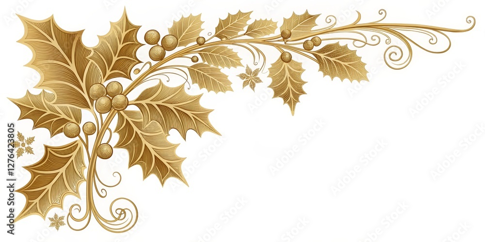 custom made wallpaper toronto digitalGolden Holly Corner Design Intricate Line Art, Christmas Floral Illustration, Graphic, White Background Christmas, Holiday