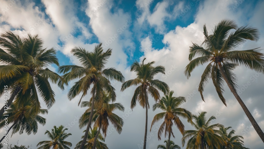 Coconut palm trees against a cloudy sky with blue patches in the background captured from below perspective during daytime Coconut palm trees against a cloudy sky with blue patches in the background captured from below perspective during daytime