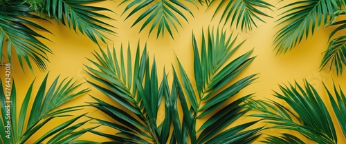 Tropical green palm leaves arrangement on a vibrant yellow background for interior design or botanical themes