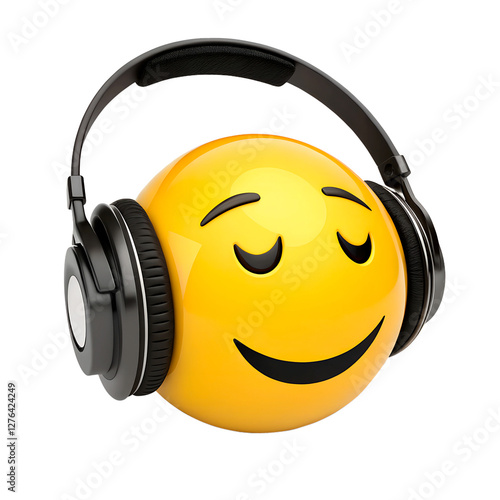 A 3D emoji with a relaxed smile, closed eyes, and large black headphones. The glossy yellow surface reflects light.