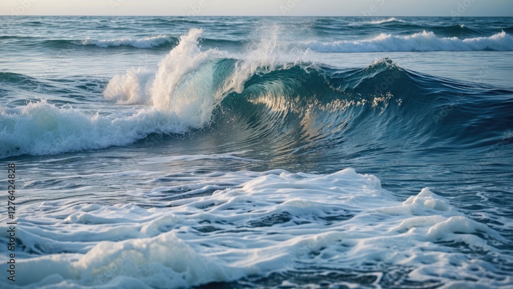 Ocean waves crashing on the shore with foam creating textures during sunset in a coastal landscape scene.