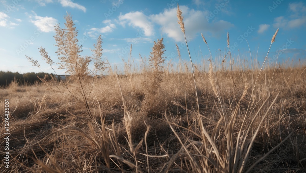 Fototapeta premium Dry grass in open field under blue sky with scattered clouds showcasing natural landscape in late afternoon light