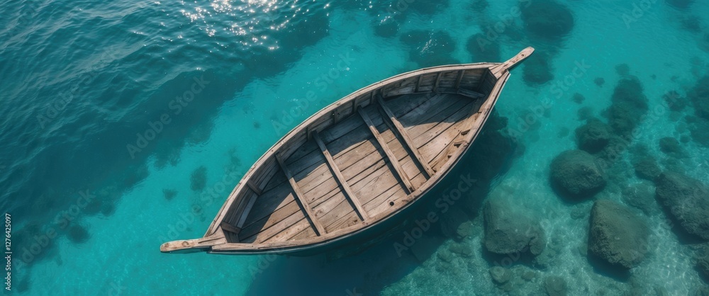 Obraz premium Aerial view of a wooden boat floating on clear turquoise waters above rocky seabed