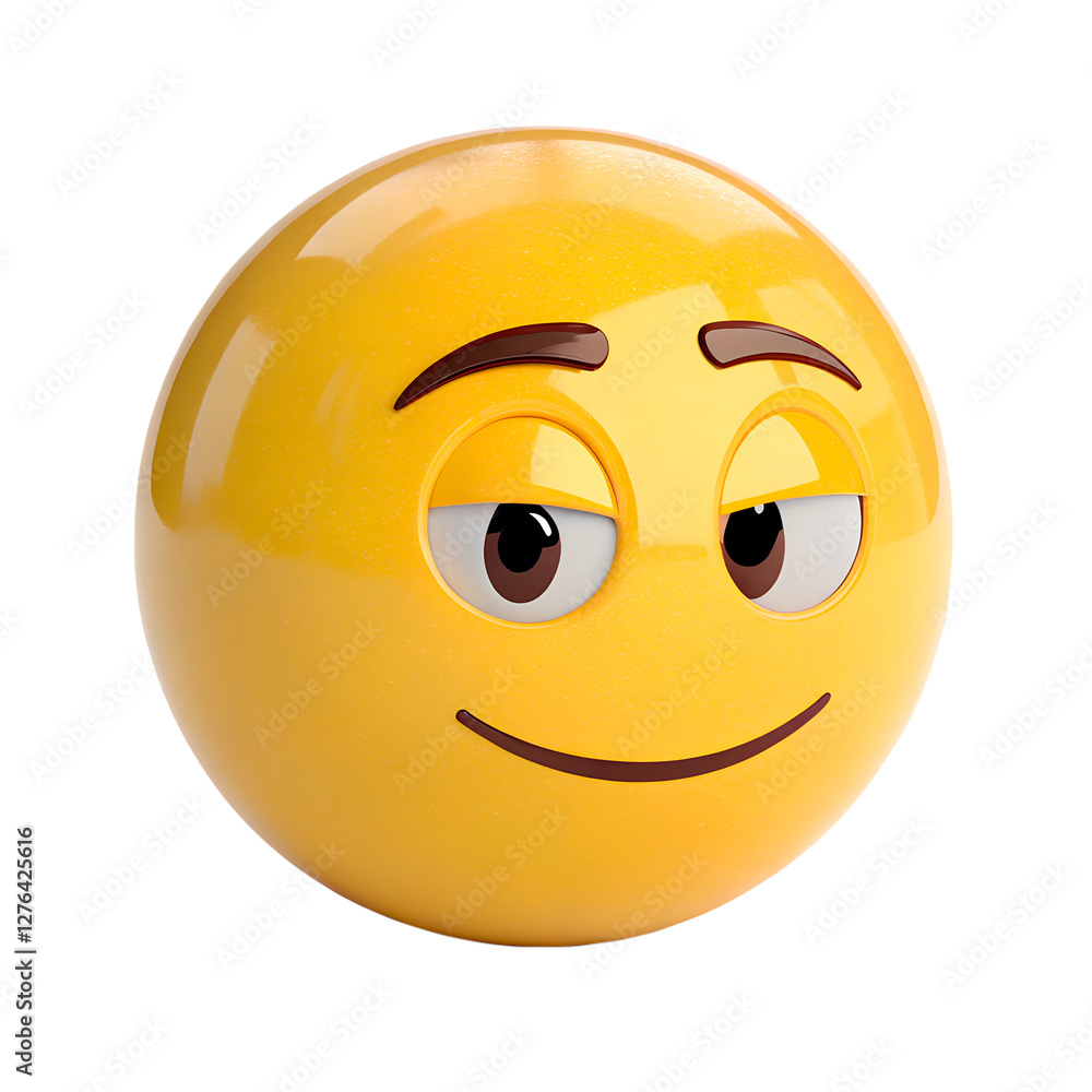 Fototapeta premium A 3D emoji with a smug smile, slightly squinted eyes, and a confident expression. The smooth surface reflects light.